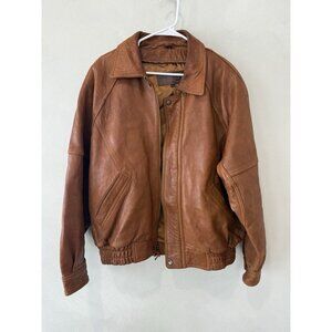 Couture Mens Brown Tan Cognac Leather Jacket Bomber Biker 90s Y2K Grunge large